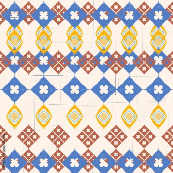 Fototapeta Damask Ikat floral pattern on red background illustration.Ikat ethnic oriental embroidery,Aztec style,abstract background.design for texture,fabric,clothing,wrapping,decoration,sarong,scarf