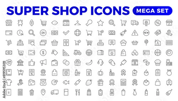 Fototapeta E-Commerce set of web icons in line style. Online shopping icons for web and mobile app. Business, mobile shop, digital marketing, bank card, gifts, sale, delivery. Vector illustration