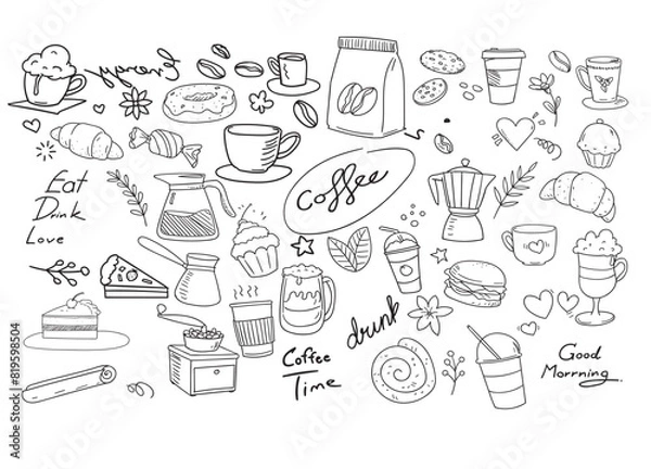 Obraz doodle coffee time set vector drawn wallpaper cartoon