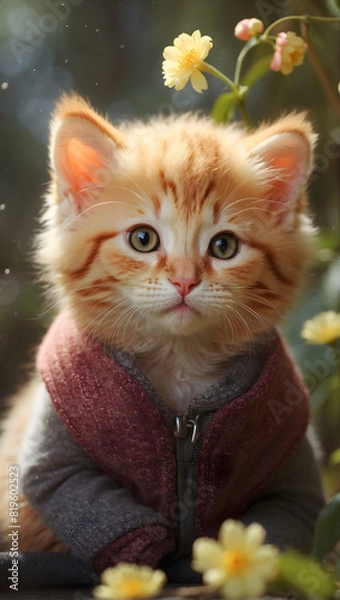 Fototapeta A small, orange and white kitten is wearing a jacket. The kitten looks cozy and comfortable in its clothing, sitting or playing in a playful manner.