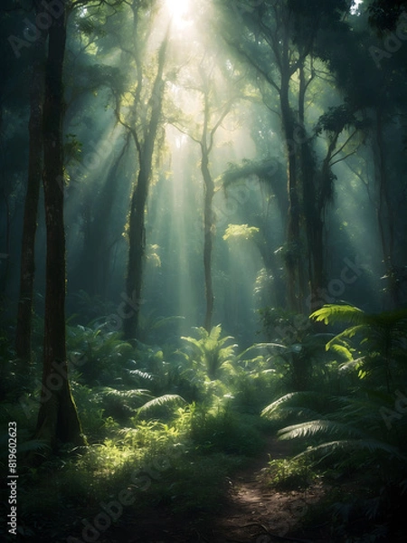 Fototapeta Lush and dense forest with an abundance of trees and ferns creating a vibrant green landscape. Sun rays piercing through the canopy, illuminating the dark undergrowth.