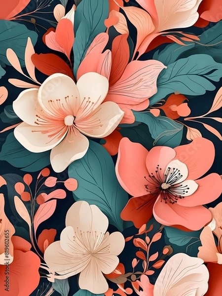 Fototapeta This painting features intricate depictions of flowers and leaves on a pristine white background. The artist has skillfully captured the detailed patterns and shapes of various florals in a vibrant an
