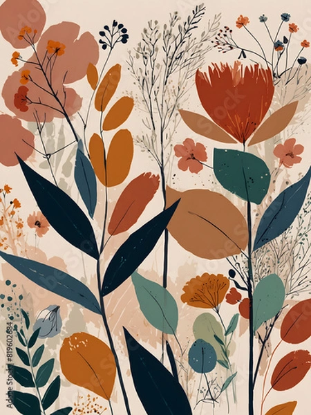 Fototapeta This painting features intricate depictions of flowers and leaves on a pristine white background. The artist has skillfully captured the detailed patterns and shapes of various florals in a vibrant an
