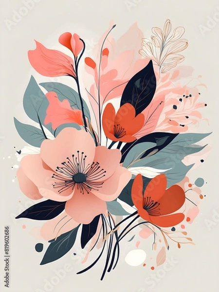 Fototapeta This painting features intricate depictions of flowers and leaves on a pristine white background. The artist has skillfully captured the detailed patterns and shapes of various florals in a vibrant an