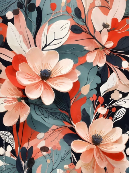 Fototapeta This painting features intricate depictions of flowers and leaves on a pristine white background. The artist has skillfully captured the detailed patterns and shapes of various florals in a vibrant an