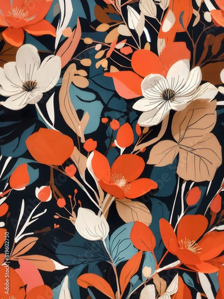 Fototapeta This painting features intricate depictions of flowers and leaves on a pristine white background. The artist has skillfully captured the detailed patterns and shapes of various florals in a vibrant an