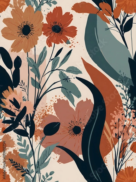Fototapeta This painting features intricate depictions of flowers and leaves on a pristine white background. The artist has skillfully captured the detailed patterns and shapes of various florals in a vibrant an
