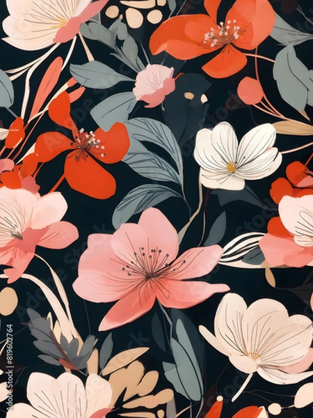 Fototapeta This painting features intricate depictions of flowers and leaves on a pristine white background. The artist has skillfully captured the detailed patterns and shapes of various florals in a vibrant an