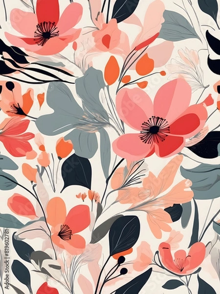 Fototapeta This painting features intricate depictions of flowers and leaves on a pristine white background. The artist has skillfully captured the detailed patterns and shapes of various florals in a vibrant an