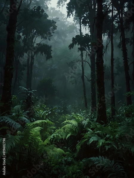 Fototapeta Lush and dense forest with an abundance of trees and ferns creating a vibrant green landscape. Sun rays piercing through the canopy, illuminating the dark undergrowth.