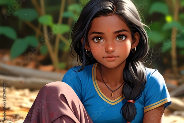 Fototapeta A painting depicting a young Indian girl, showcasing her traditional attire and features. The artwork captures the essence of her culture and heritage, portraying her in a realistic and detailed manne