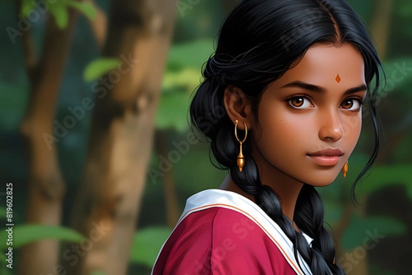 Fototapeta A painting depicting a young Indian girl, showcasing her traditional attire and features. The artwork captures the essence of her culture and heritage, portraying her in a realistic and detailed manne