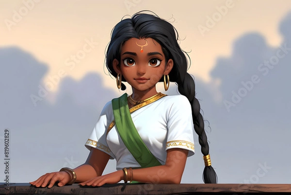 Fototapeta A painting depicting a young Indian girl, showcasing her traditional attire and features. The artwork captures the essence of her culture and heritage, portraying her in a realistic and detailed manne