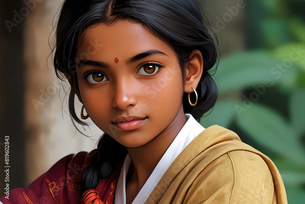 Fototapeta A painting depicting a young Indian girl, showcasing her traditional attire and features. The artwork captures the essence of her culture and heritage, portraying her in a realistic and detailed manne