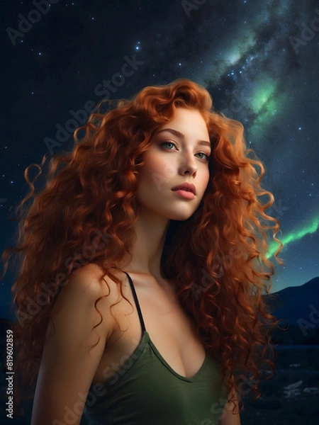 Fototapeta A painting featuring a young woman with striking long red curly hair and green eyes, captured in a moment of contemplation.