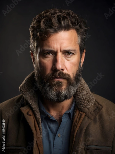 Fototapeta A middle-aged man with a rugged beard is wearing a jacket. He looks confident as he poses for the camera with a serious expression.