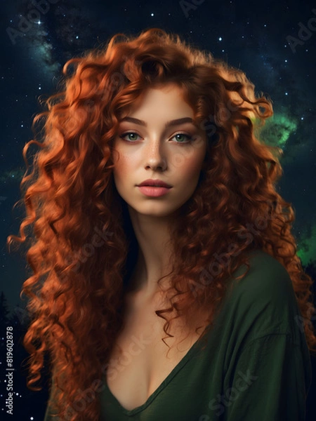 Fototapeta A painting depicting a young woman with vibrant long red hair and striking green eyes. The womans curly locks cascade down her shoulders, framing her face.
