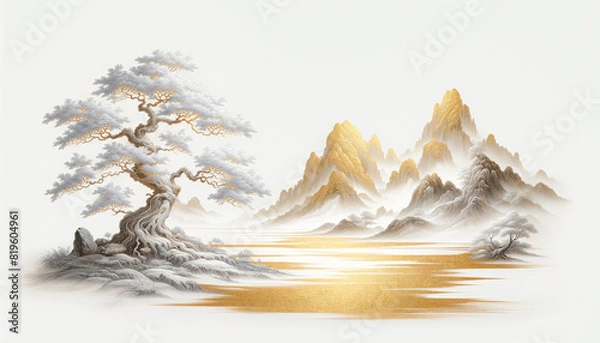 Obraz Abstract art traditional Chinese nature landscape scene an ancient tree on rocky mountains luxury style gold black and white tones on white background with copy space.