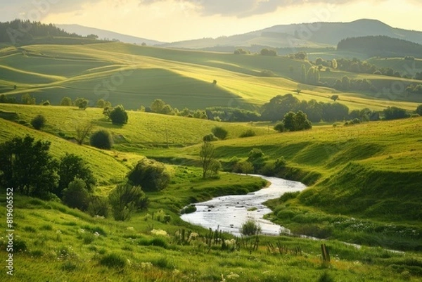 Fototapeta Rolling Green Hills with Stream at Sunset