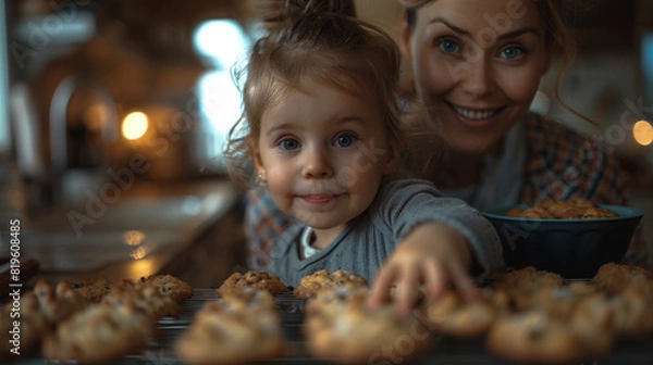 Fototapeta A child carefully watching the oven window, waiting for cookies to bake, with mom explaining the process.