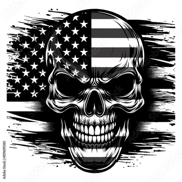 Obraz vector illustration of monochrome skull with usa flag Skull with american flag in grunge style, independence day veterans day 4th of July and memorial day.