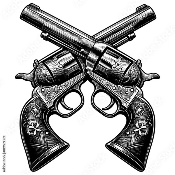 Fototapeta Crossed Pistols Hand Draw Sketch Revolver Gun Duel. Vector illustration of two Cross Vintage Handguns gangster background. Old style metal colt revolver for shooter, western