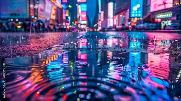 Fototapeta Ripples in a puddle enlighted by neon lights. a neon-lit city street during a rainstorm, focusing on a puddle with raindrops creating ripples