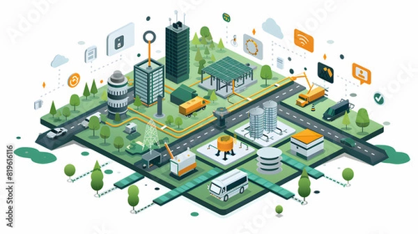 Fototapeta 3D Flat Icon: Digital Solutions for Sustainable Water Management Integrating Smart Technology and Data Analytics to Optimize Usage and Reduce Environmental Impact   Cartoon Style