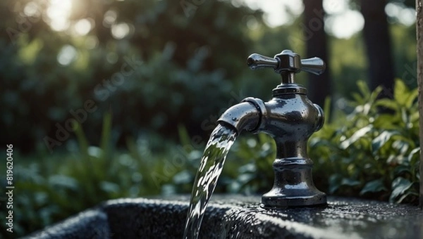 Fototapeta photo of a tap with running water in the garden made by AI generative
