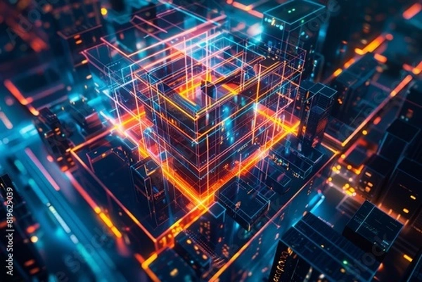 Fototapeta Digital twin of smart city, an urban center with buildings and streets surrounded by pulsating neon lines forming an abstract cube shape, casting an otherworldly glow over the cityscape