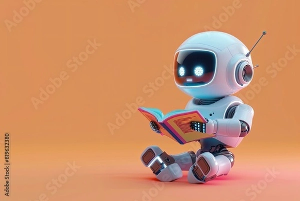 Fototapeta Cheerful 3D robot enjoying a book with copy space for text, conveying a friendly atmosphere