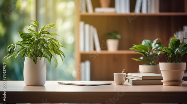 Fototapeta Working space in the office. Laptop on the table, green plant and booking shelf on the background