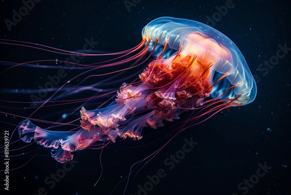 Fototapeta Ethereal jellyfish gracefully float in deep blue ocean, illuminated by soft, glowing light. Capturing underwater beauty and tranquility.
