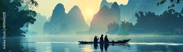 Fototapeta Private Romantic Getaways Capture the intimacy of private bamboo rafting excursions on the Li River with images of couples enjoying secluded rides down the river, savoring gourmet picnics, and creatin