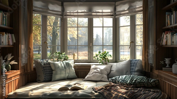 Fototapeta Design a cozy reading nook nestled beside a bay window, adorned with plush cushions and a warm throw blanket.