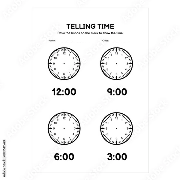 Fototapeta Telling Time. Time and Clock Worksheets. Math Worksheets.  Analog Time Worksheets for Kids