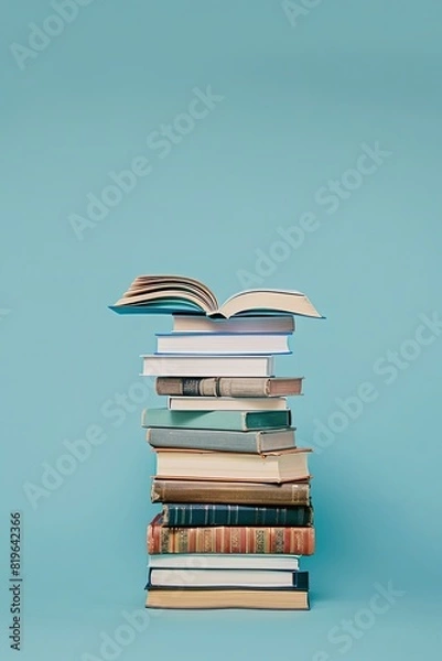 Obraz Education concept: Side view of stack of books with open book on top. Light blue background.