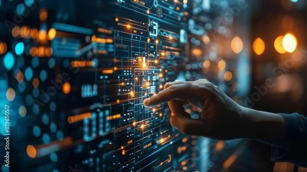 Fototapeta A hand is pointing at a computer screen with a lot of glowing lines and numbers