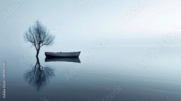 Fototapeta solitary tree with boat on calm water. A solitary tree and a boat reflect perfectly on the calm, still waters of a foggy lake..