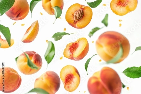 Fototapeta Ripe juicy peaches falling with green leaves on white background. Defocusing slices of fresh peaches