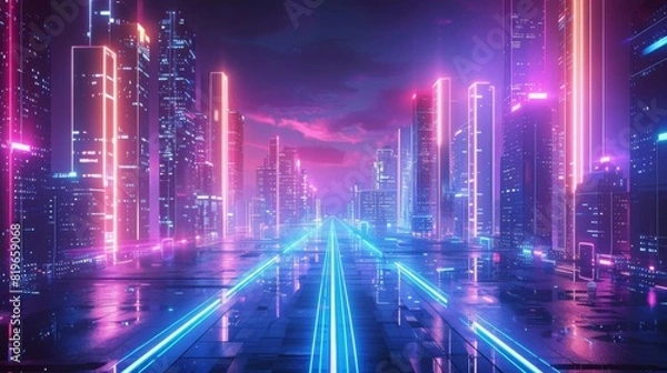 Fototapeta Futuristic cityscape with glowing neon lights and Pride elements around the edges, central area left blank for text