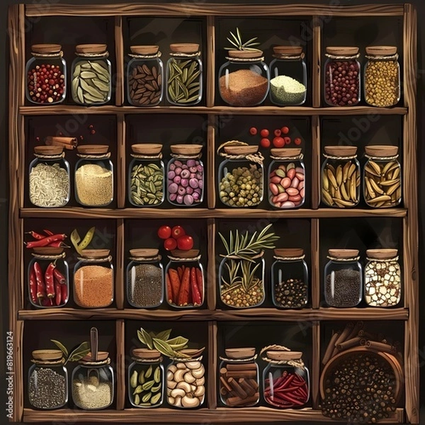 Fototapeta Scene A pantry with shelves stocked with healthy grains, beans, and canned goods. Medium Still image.