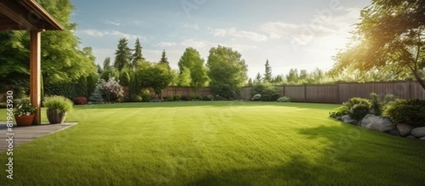 Obraz Country house backyard with a meticulously trimmed lawn and lush green hedge providing a serene background for a copy space image