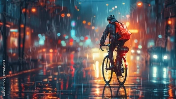 Fototapeta a courier from a delivery service riding a bicycle along a city street in the evening or at night in the rain: