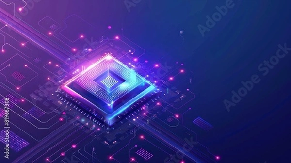 Fototapeta futuristic microchip, with blue lights and effects. Database, future technology concept