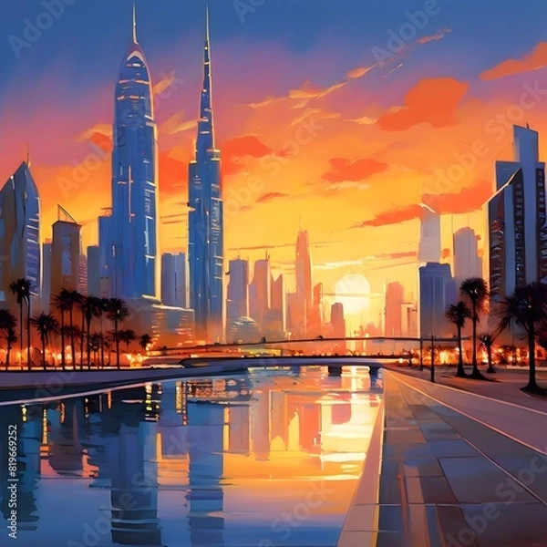 Obraz Skyline of Dubai during a sunset, generative AI