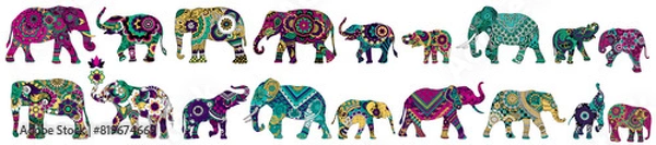 Fototapeta Many different ornate elephants in Mehndi style.