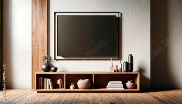 Fototapeta A modern room interior with a blank framed poster on the wall above a wooden cabinet with decorative items. Generative AI
