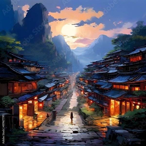 Obraz Panoramic of ancient chinese town between mountains, generative AI