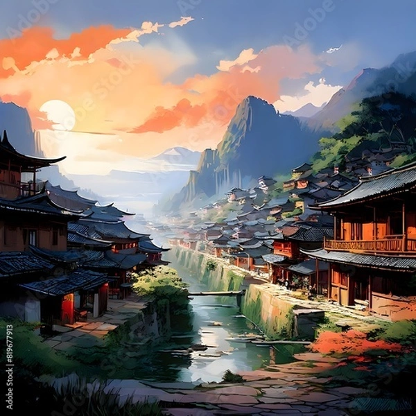 Fototapeta Panoramic of ancient chinese town between mountains, generative AI